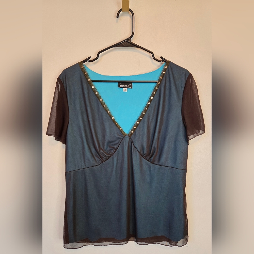 207. Y2K Blue and Brown Blouse with Stud Accents